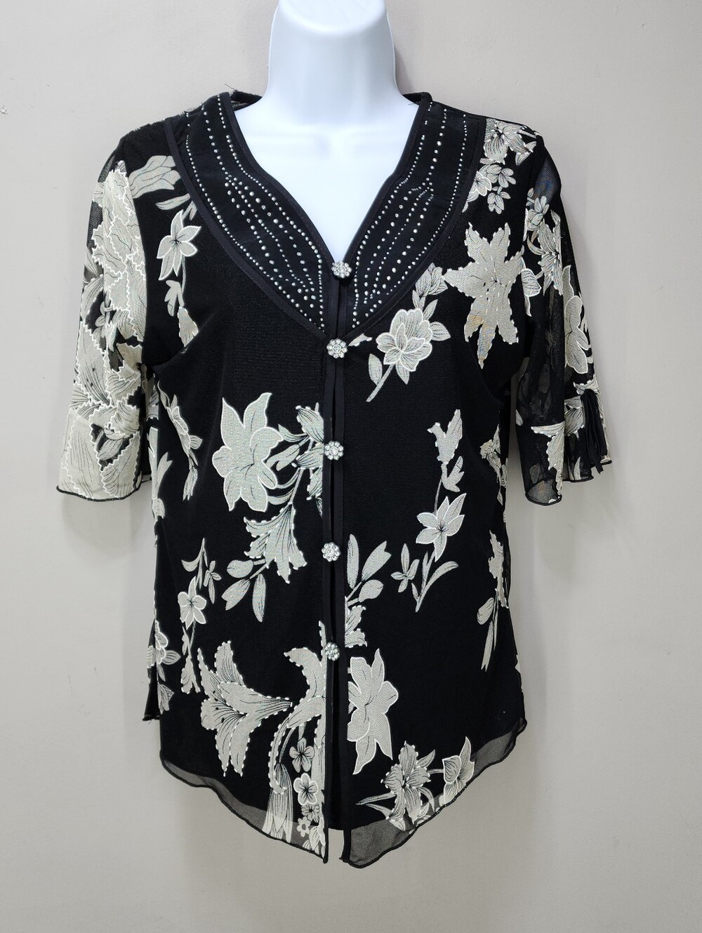 90's/Y2K Vintage Design Works Sheer Mesh Floral Rhinestone Button-Up Blouse